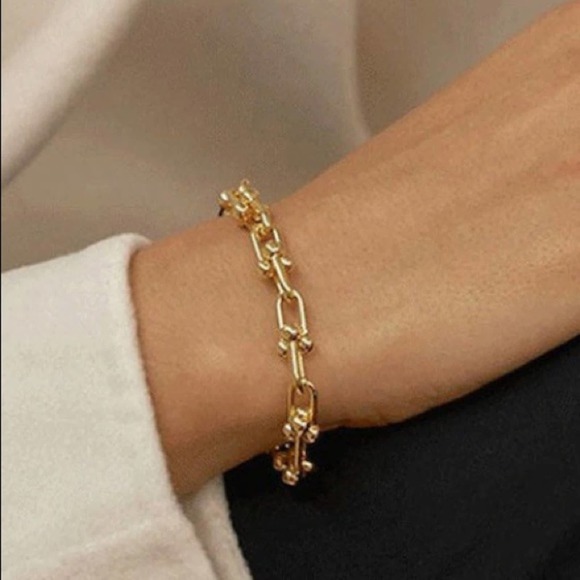 Gold U Link Horseshoe Paperclip Chain Unisex Bracelet - Picture 2 of 9